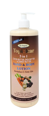A 32 oz pump bottle of Topiclear 3 in 1 Hand & Body Lotion. The lotion is a light beige color visible through the semi-transparent bottle, with a white pump dispenser.