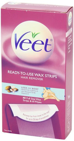 Veet Ready To Use Wax Strips Hair Remover Sensitive Formula 40 Strips & 6 Wipes