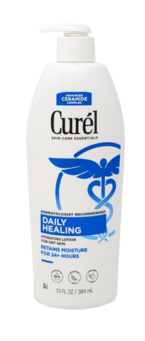A 13 fl oz white bottle of Curél Daily Healing Advanced Ceramide Cream against a white background.
