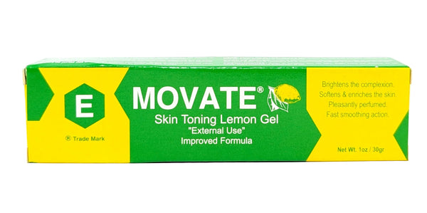 A rectangular box of MOVATE Skin Toning Lemon Gel, featuring a green and yellow design with white text, photographed against a plain white background.