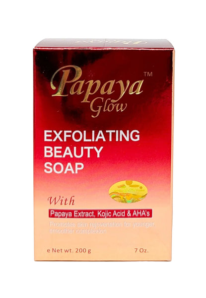Papaya Glow Exfoliating Beauty Soap in a red gradient box with gold and white text, on a white background.