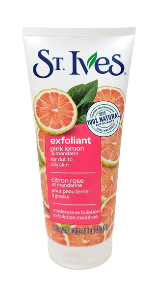 A squeeze tube of St. Ives Exfoliating Pink Lemon & Mandarin exfoliant, featuring pink citrus slices, green leaves, and a white background.