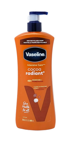 Vaseline Intensive Care Cocoa Radiant moisturizing lotion in a 16 oz orange pump bottle with a dark blue cap, on a white background.