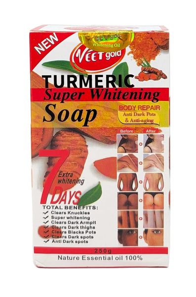 Neetgold Turmeric Super Whitening Soap box packaging, featuring a white box with red, yellow, and orange graphics, turmeric root illustrations, and before-and-after skin photos.
